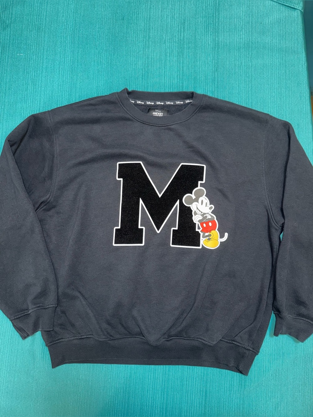 Disney Black Crewneck with Varsity 'M' and Mickey Graphic